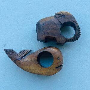 Vintage Mid Century Modern Carved Wood Elephant Whale Napkin Rings Holders Set